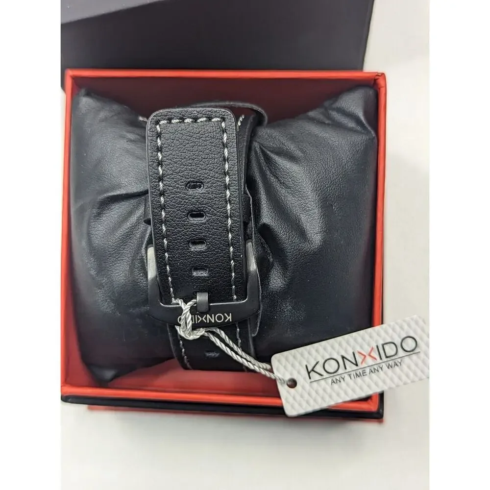 KONXIDO Mens Black Red Accents w/ black Leather Band Analog‎ Quartz Watch KX6331